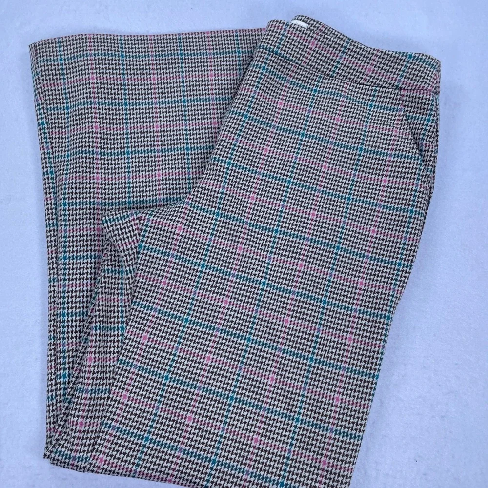 Crown & Ivy Womens Pink Teal Houndstooth Plaid Wide Leg Trousers Size 14